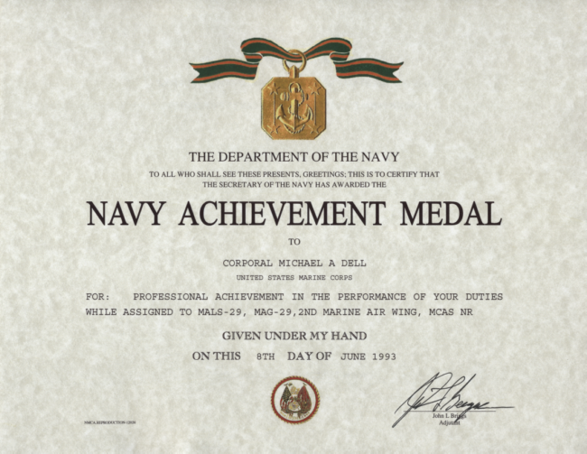 Navy Achievement Medal Certificate