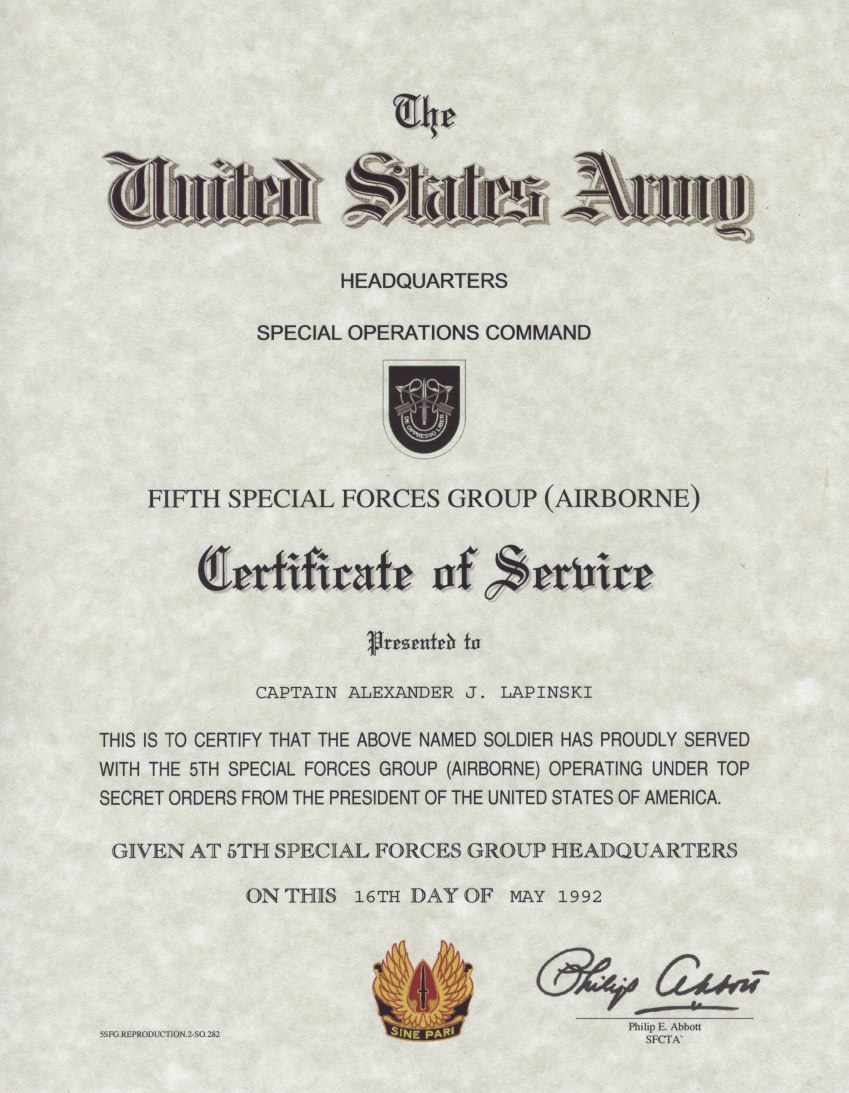 us special forces certificate of service