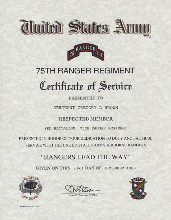 army rangers ranger certificate of service